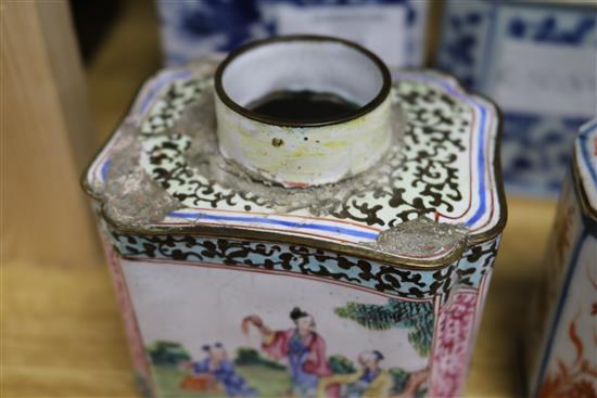 Two Chinese enamel tea caddies and three porcelain caddies largest 11cm